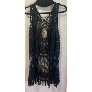 Vtg Black Crochet Open Knit Open Long Fringed Cardigan Vest Hippie Boho Sz Sm